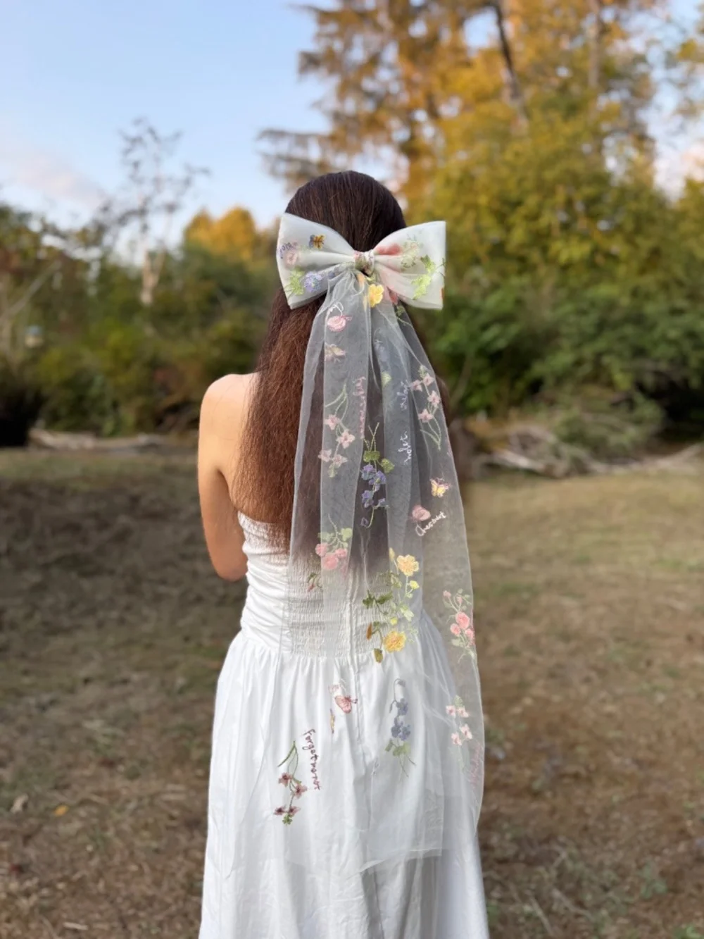 Embroidered Floral Tulle Bow Veil, Wildflowers Wedding Hair Accessory